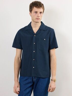Percival Men's Short-Sleeve Seetsucker Navy Camp Collar Shirt